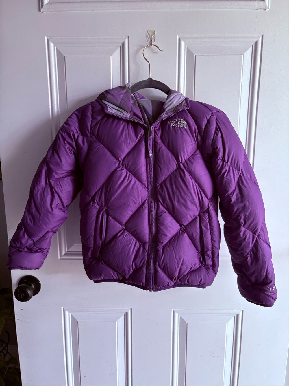 North Face 550 Down Puffer Jacket Coat Reversible Hooded Youth Girls Purple XL
